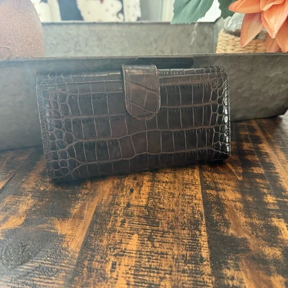 Furla Croc-Embossed Dark Brown Leather Wallet - Picture 1 of 10
